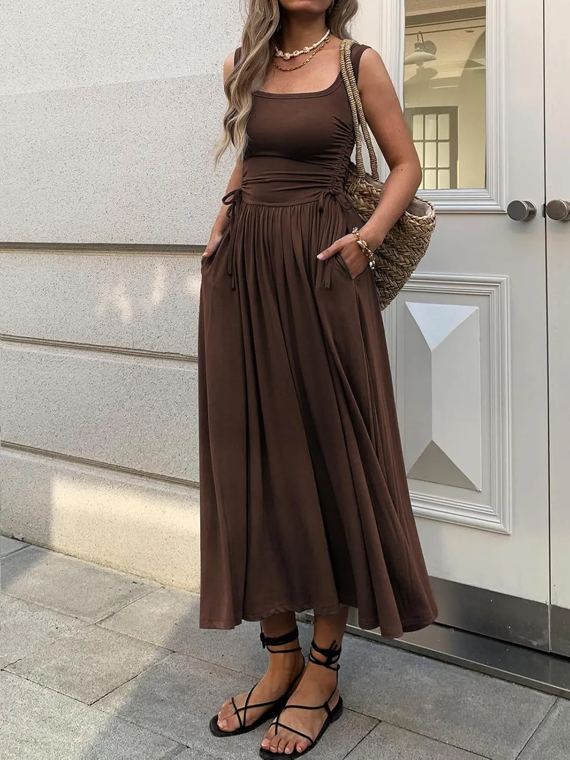 Women??s Boho Summer Maxi Dress with Pockets, Adjustable Waist, Sleeveless Casual Ruched Sundress for Beach Vacation