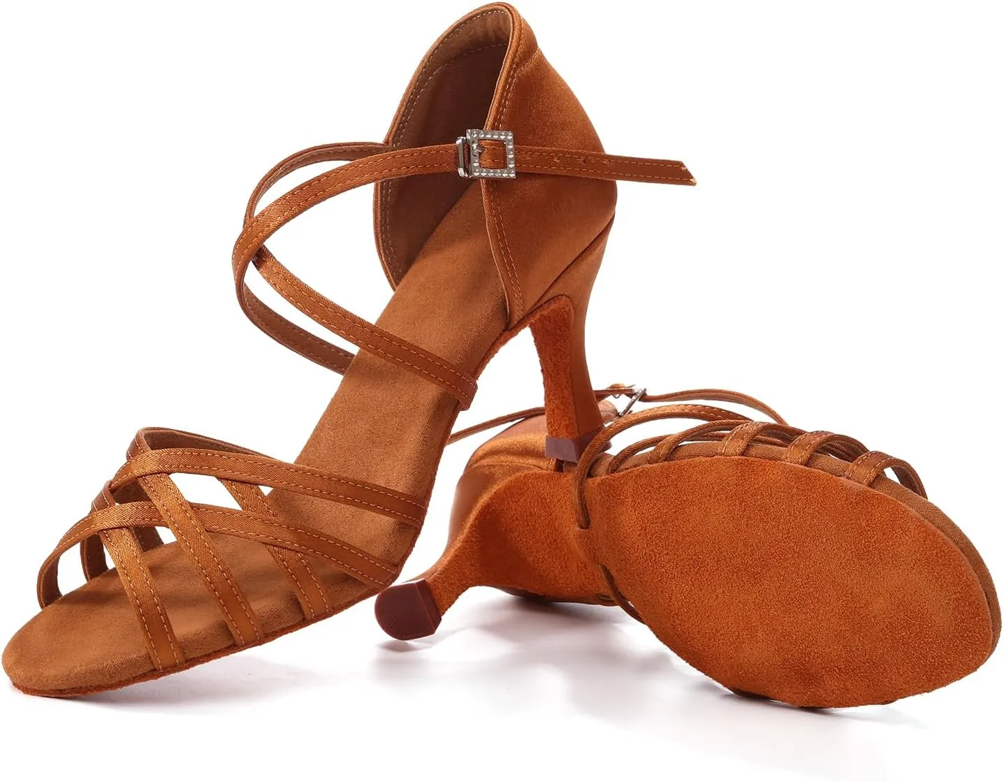 Women's Latin Dance Shoes Open Toe Professional Salsa Bachata Ballroom Performance Practice Dancing Shoes,Model EM955-Suede Sole-3Heel