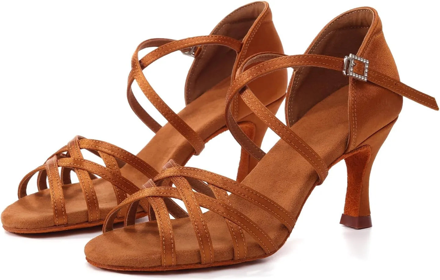 Women's Latin Dance Shoes Open Toe Professional Salsa Bachata Ballroom Performance Practice Dancing Shoes,Model EM955-Suede Sole-3Heel