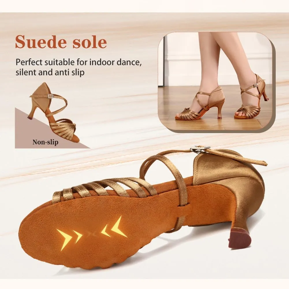 Women's Latin Dance Shoes Satin Open Toe 3 inch Heel Ballroom Salsa Dance Practice Shoes Suede Sole