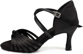 Women's Latin Dance Shoes Satin Open Toe 3 inch Heel Ballroom Salsa Dance Practice Shoes Suede Sole