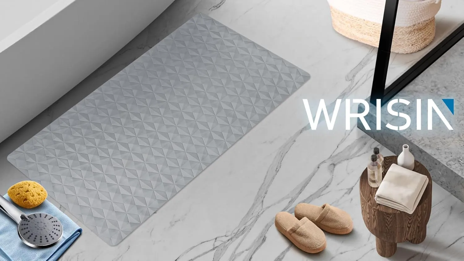 WRISIN Non Slip Bathtub Mat for Bath Tub Shower - Natural Rubber Mat with 241 Suction Cups - Soft Bathroom Safety Mat - Unique Diamond Pattern - Fatigue Relief - Machine Washable - 16  28 Inch