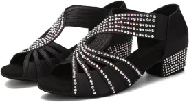 YYTing Half Rhinestones Ballroom Dance Shoes Women Latin Salsa Practic Wedding Indoor Crystal Suede Footwear 1.5in Heels